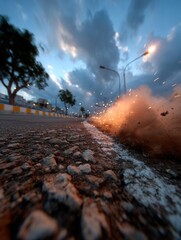 Close-up of an explosion on a city street with flying sparks, debris, and a cloudy sky in the background