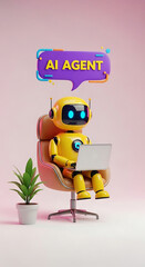 Creative illustration of a yellow robot ai agent working on a laptop with a plant