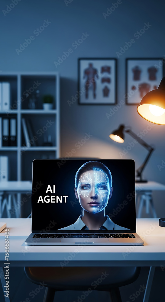 Poster futuristic artificial intelligence ai agent displayed on a laptop computer screen in a professional 