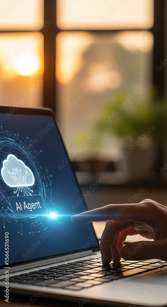 Poster person interacting with ai agent on a laptop computer with cloud data technology concept.