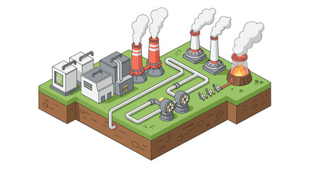 Isometric factory landscape vector illustration of industrial complex with smoke stacks for design projects