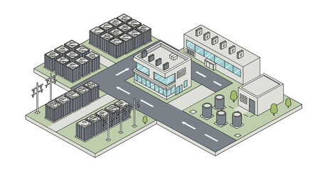 Isometric vector illustration of industrial complex with buildings and containers for urban planning and design