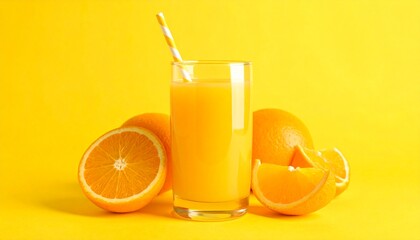 Zumo de Naranja, rodeado de Naranjas naturales y fondo naranja