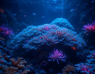 Obraz premium A vibrant underwater scene featuring coral reefs and marine life in a deep blue ocean environment