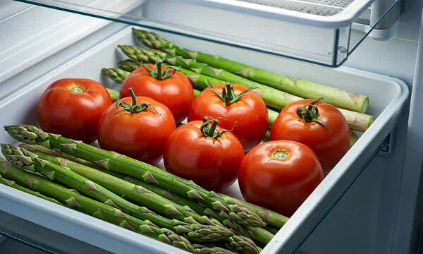Fresh Tomatoes And Asparagus Inside A White Fridge Crisper With Green And Red Colors