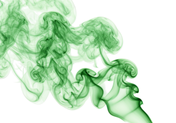 A swirling green smoke cloud isolated against a black background with wispy and smooth textures