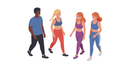 Group of diverse people walking in sportswear vector illustration for fitness and health concepts