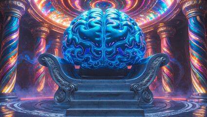 Futuristic Glowing Brain Sculpture in Mystical Setting