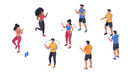 Fitness workout group vector illustration for health and wellness design in isometric style