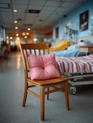 Hospital room with a wooden chair, pink pillow, hospital bed, and medical equipment in the background