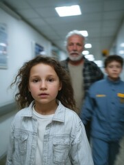 Young girl with curly hair and serious expression walking in hospital corridor with elderly man and boy in background