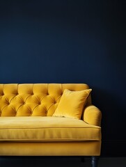 pixel perfect image of Yellow sofa against dark blue wall high detail