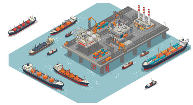 Isometric vector illustration of industrial port with cargo ships and oil rigs for logistics design
