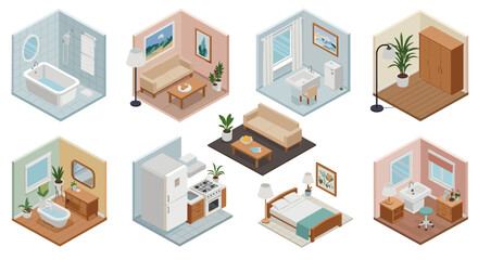 Isometric home interior vector illustration: modern room designs for print and decor