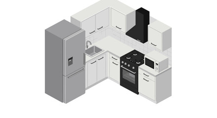 Isometric vector illustration of a modern kitchen design with appliances for interior concepts