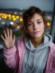 Young woman with brown hair and freckles pressing hand against rain-covered window during evening with city lights blurred behind