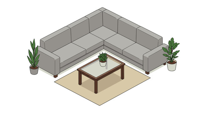 Modern living room scene with corner sofa and indoor plants - isometric vector illustration for interior design concepts