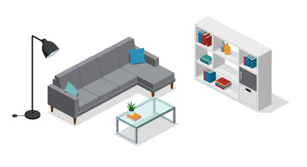 Isometric living room vector illustration: modern interior design with sofa and bookshelf for decor inspiration
