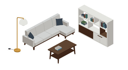 Fototapeta premium Isometric vector illustration of modern living room furniture set for interior design