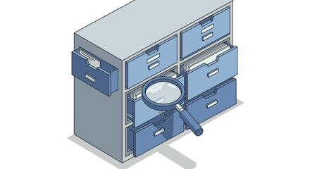 Obraz premium Isometric vector illustration of filing cabinet with magnifying glass for office or data organization design