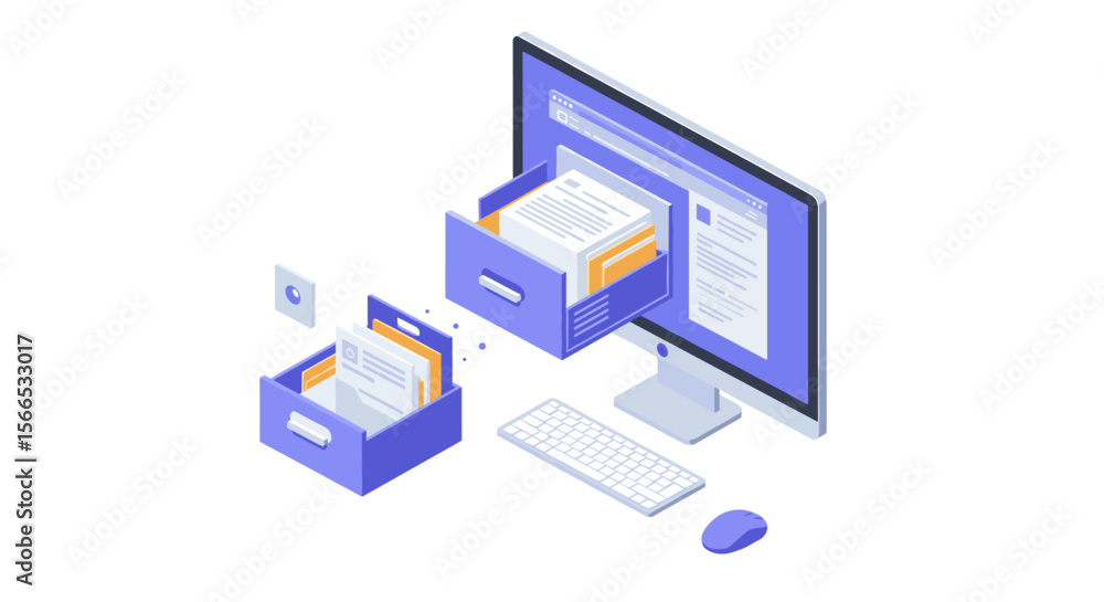 Poster digital organization concept vector illustration: computer with file drawers for data management and