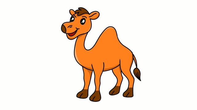 illustration of a cute cartoon camel with a cheerful expression and one hump, designed in a playful and colorful style. Perfect for children's educational materials, coloring books, flashcards, storyb