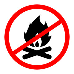 No campfires prohibited sign, no fire forbidden modern round sticker, vector illustration