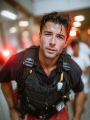 Young male firefighter in uniform looking at camera indoors with smoke or dust, emergency personnel gear and serious expression