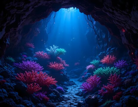 A vibrant underwater cave with colorful coral formations and light streaming from the cave opening above - Powered by Adobe