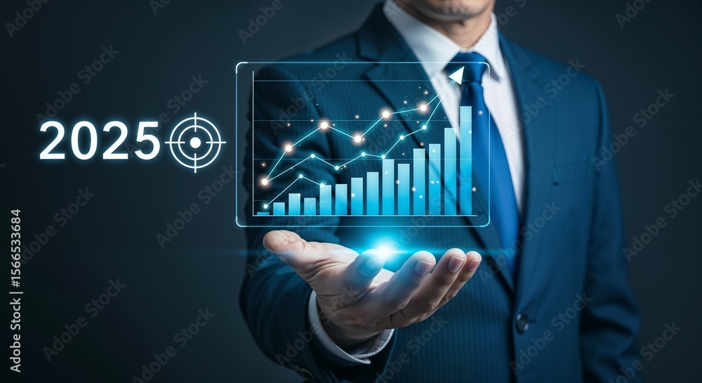 Poster a man in a suit holding a futuristic graph with the year target of twenty twenty five on the left si