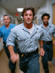 Intense Dr. House Running Through Hospital Corridor with Team of Medical Professionals