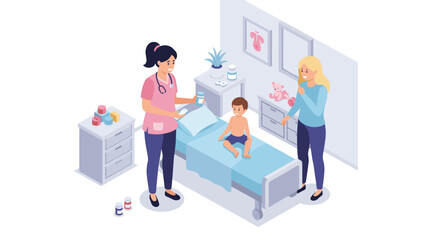 Pediatric healthcare vector illustration in hospital room with medical staff and child for design use