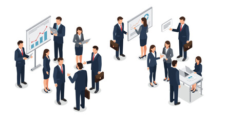 Business meeting and presentation vector illustration in isometric style for corporate design