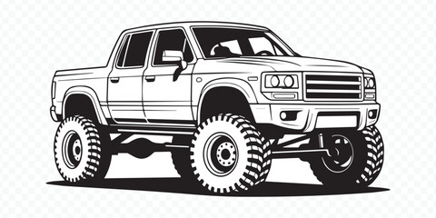 black and white contour drawing of a lifted truck showcasing robust chassis and suspension details © AIcon Star
