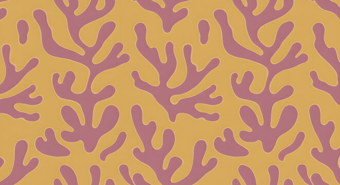Abstract Coral Reef Pattern: A vibrant, stylized illustration featuring a repeating pattern of coral-like shapes in muted pink and gold tones, evocative of an underwater seascape. 
