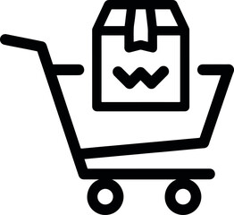 Simple black outlined icon of a shopping cart carrying a product box