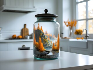 Photograph of a clear glass jar with an autumn mountain landscape inside, on a minimalist white table in a bright Scandinavian kitchen, soft light.