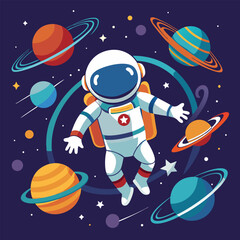 Vector art of a cute cartoon astronaut floats amidst a collection of planets