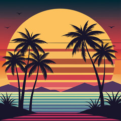 Obraz premium Vector art of silhouette of palm trees at sunset over a calm ocean, isolated on transparent background