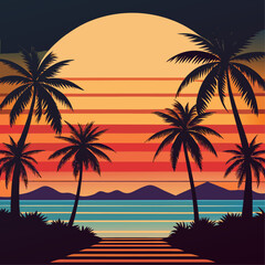 Obraz premium Vector art of silhouette of palm trees at sunset over a calm ocean with stairs leading to the beach, isolated on transparent background
