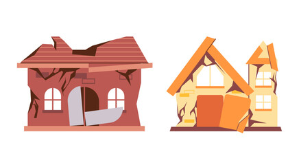 After disaster damaged dilapidated houses cracked walls broken windows collapsing roofs and structural damage representing abandonment destruction