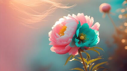 Mesmerizing double exposure photograph blending pink and turquoise hues, featuring a delicate flower in bloom, bathed in warm sunlight, dreamy gradient.