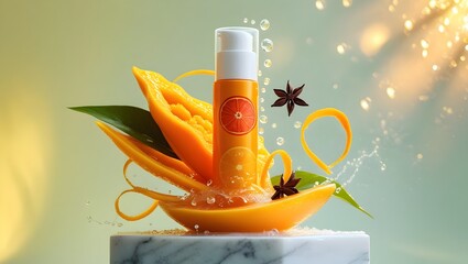 Vibrant orange moisturizer tube with citrus graphics, rising from a carved yuzu flower, with golden pulp and star anise, set against a citrus gradient.