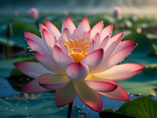 Hyper-detailed macro photograph of a blooming lotus flower at dawn, vibrant pink petals, golden stamen, misty lily pad background, 8K quality.