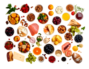 An abundant and colorful spread of fresh fruits, gourmet cheeses, and healthy provisions.