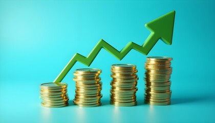 A green upward arrow rising from stacks of gold coins on a turquoise background