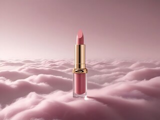 Sleek lipstick in a clear case stands in a surreal pink cloud landscape, illuminated by soft, ethereal light, evoking quiet luxury and tranquility.
