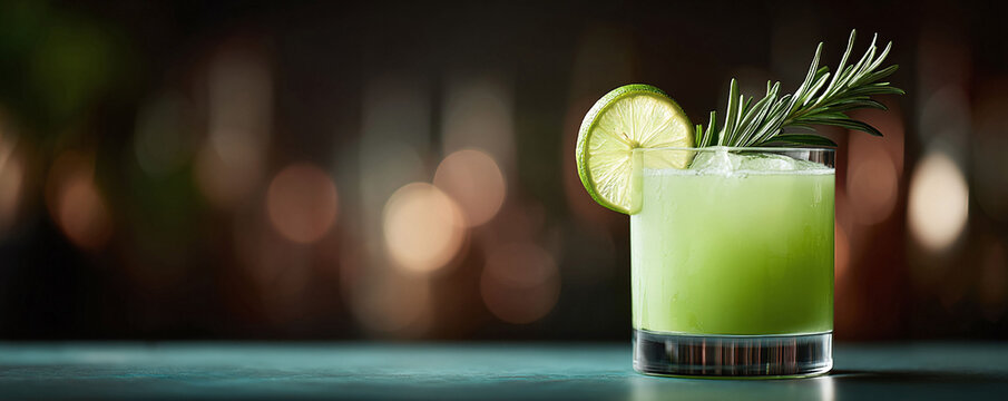 Refreshing green cocktail with lime and rosemary sprig, ideal for summer drinks concept, healthy lifestyle, or bar menu promotions. Evokes freshness and relaxation.