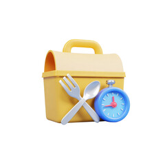 The yellow lunch box with a wrapped lid is accompanied by a fork and spoon crossed over each other and a blue timer