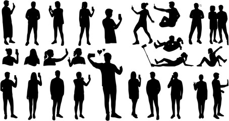 Collection of silhouette people taking selfie in different poses vector set.

